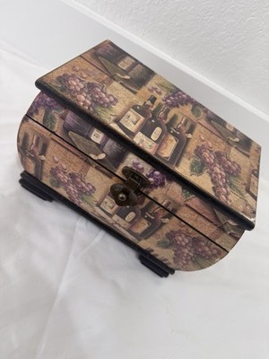 Vintage Rectangular Wooden Decorative Box with Wine and Grapes Motif, Hinged Lid