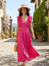 NWT-2-J.Crew Ruffle-sleeve maxi dress in eyelet - Neon Flamingo