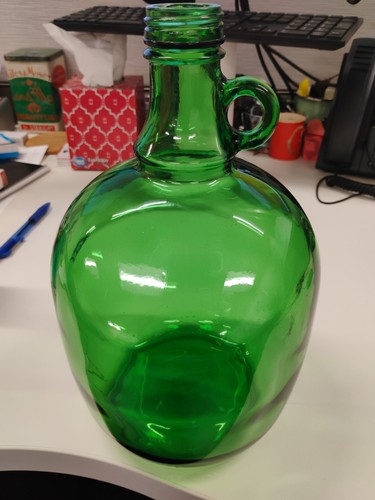 Vintage Green Glass 3 Liter Decanter Jug With Ring Handle And Cap 10.75” x 6.5”