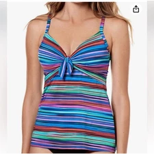 Miraclesuit Women's Rainbow Striped Knot Front Tankini Top Swimsuit Size 14