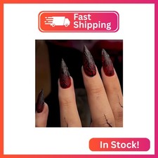 SEENEEY Long Almond Press on Nails Halloween Dark Red Artificial Fake Nails with