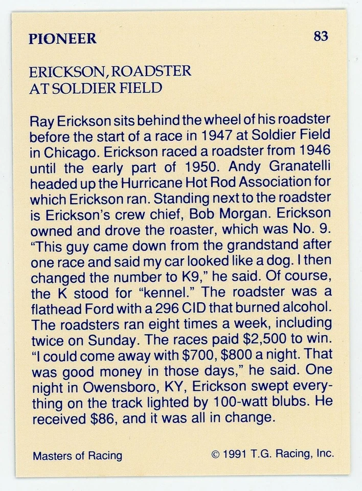 Ray Erickson-Signed 1991 TG Racing Masters of Racing #83 Trading Card (Pioneer) - Image 2 of 2