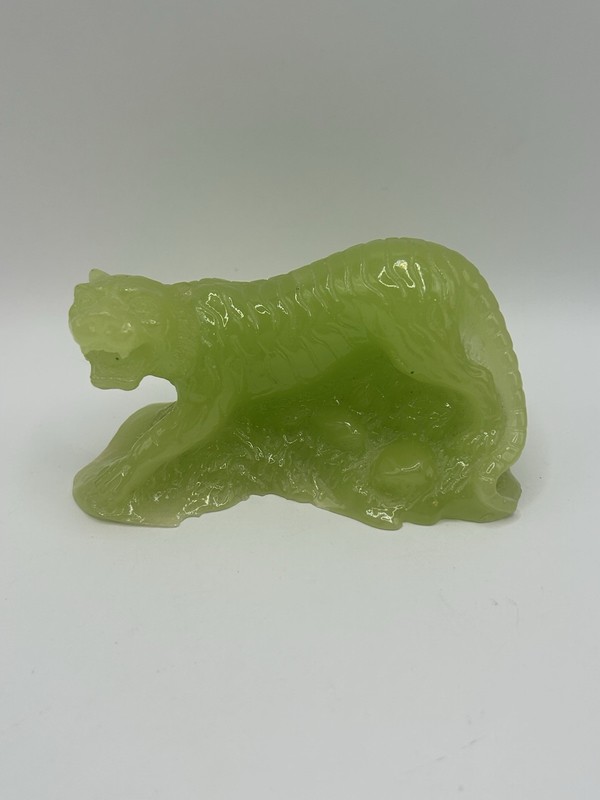 Vintage Faux Jade Green Tiger Figurine Resin Acrylic Statue Jungle Cat Decor