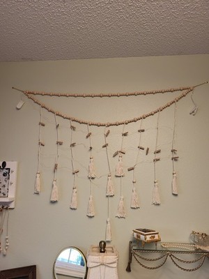 Boho Macrame Beaded Tassel Wall Hanging Photo Display w/ Wooden Clips