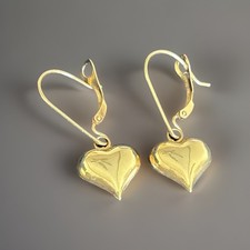 14k Solid Gold Puffy Heart Dangle Drop Leverback Earrings Vintage 1.33g