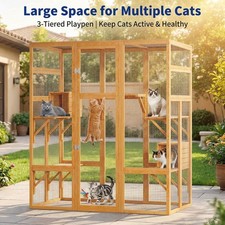 Large Wood Catio Outdoor Cat Enclosure, 7 Platforms 2 Rooms, Waterproof UV-Proof