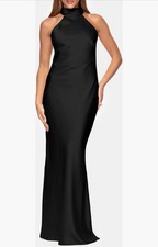 Xscape Black Satin Halter Neck Gown Open Back Long Formal Dress SZ 12 NWT GALA