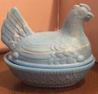 Vtg Wilkerson Blue Slag Milk Glass Hen On Nest Covered Candy Dish 4.5” L, Nice