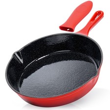 Grillpfanne Gusseisenpfanne Bratpfanne 25 cm Emaille rot Silikongriff