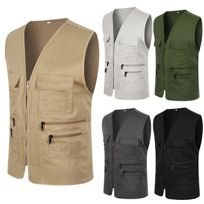 KTWOLEN Men Utility Vest Cotton Work Safari Hiking Vest Outdoor Cargo Vest Multi Pockets Fishing Vest at Men's Clothing store