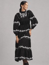 FARM RIO Black Embroidered Floral Midi Dress NWT S - Boho-Chic Perfection