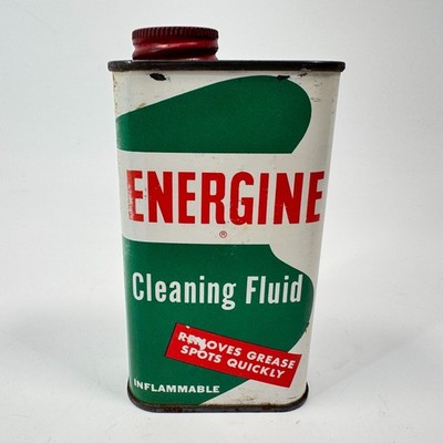 Vintage ENERGINE Cleaning Fluid Tin 4 3/4in. tall Display Pop Green White