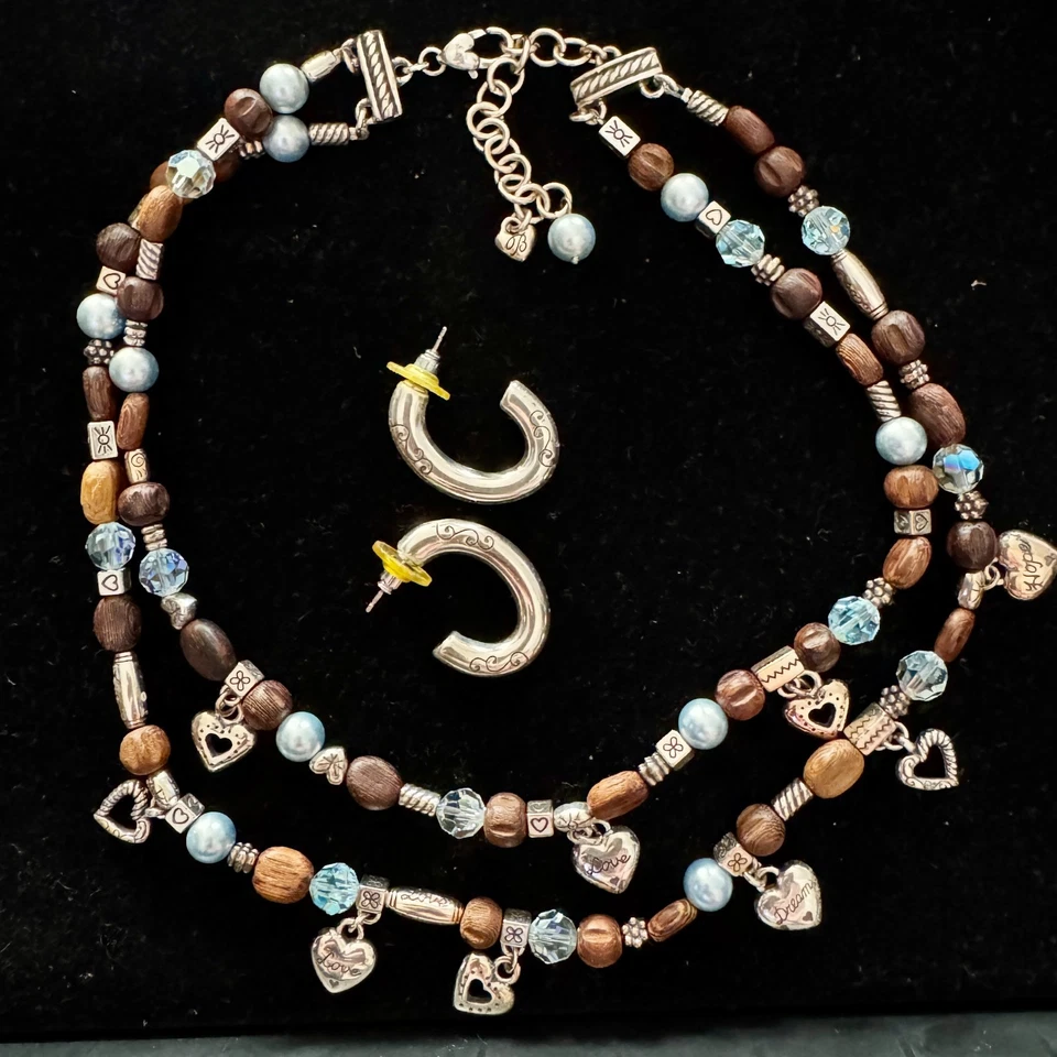 Retired Brighton Zen Garden Layered Heart Brown Wood Collar Necklace Earring Set - Image 2 of 4