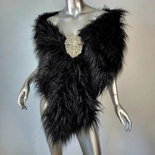 NWOT~$575~EMMA BREWIN~LARGE BLACK FAUX FOX FUR SCARF WRAP STOLE SHAWL COAT