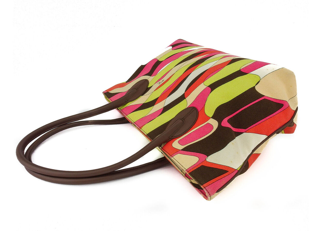 EMILIO PUCCI Tote Bag Pink Beige Canvas x Leather Authentic EMILIO PUCCI Tote Bag Pink Beige Canvas x Leather Authentic