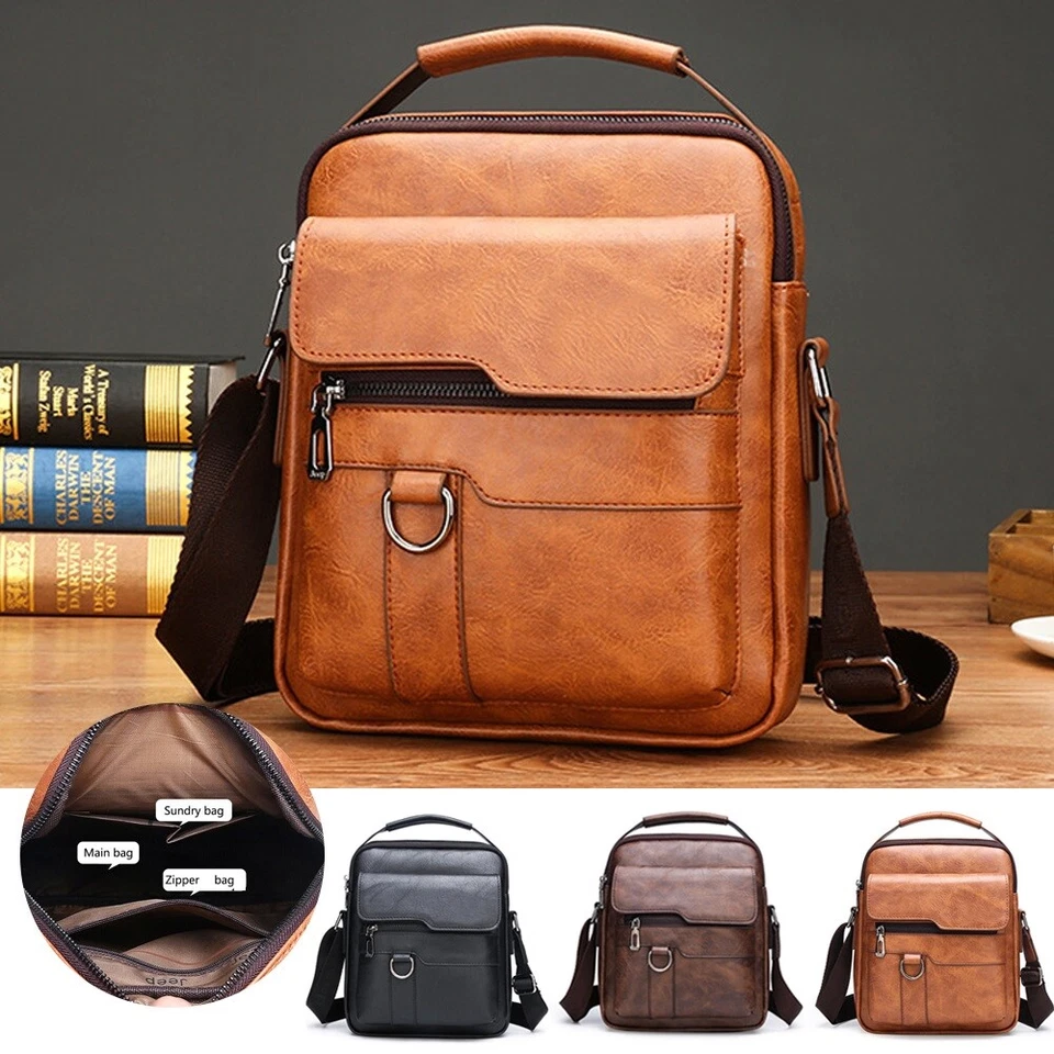 Men's Leather Handbag Shoulder Bag Business Briefcase Crossbody Casual Fashion - Image 2 of 4