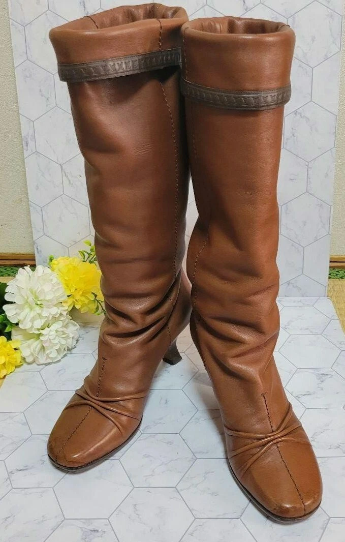 LOUIS VUITTON Leather Long Boots 35.5 Brown Authentic Women Used from Japan