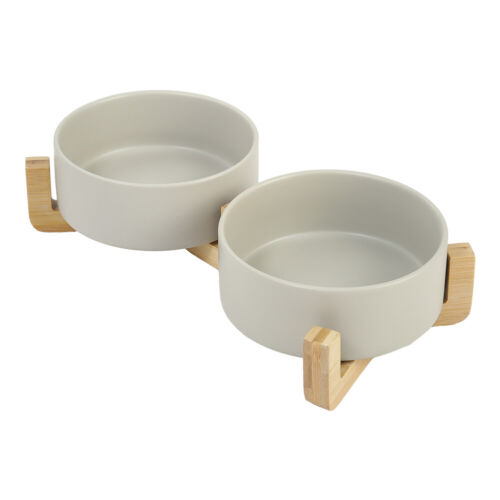 Wooden Ceramic 31cm Double Pet Bowl Dog Cat Twin Food Water Dish Feeding Station - Picture 4 of 17
