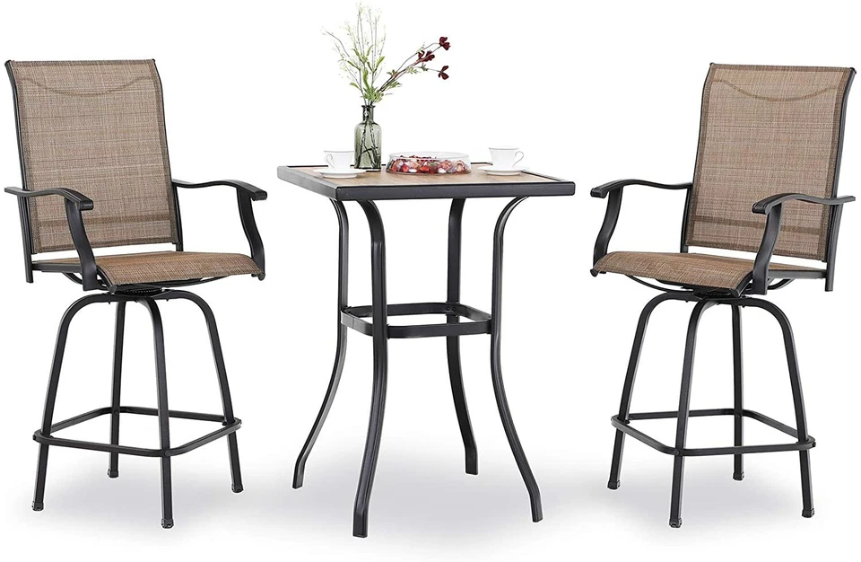 PHI VILLA 3 Piece Outdoor Patio Bar Table Set Swivel Bar Chair Bar Height Barstools Chairs