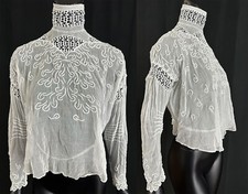 Edwardian Embroidery White Cotton Crochet Lace High Collar Shirtwaist Blouse VTG