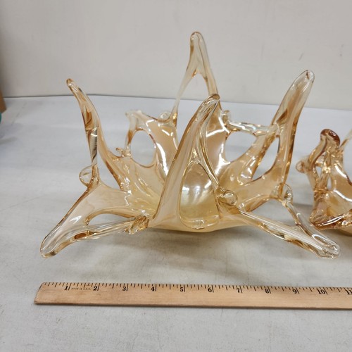 Pair Murano Italy Lavorazione Yellow Iridescent Reticulated Hand Made Art Glass - Picture 8 of 15