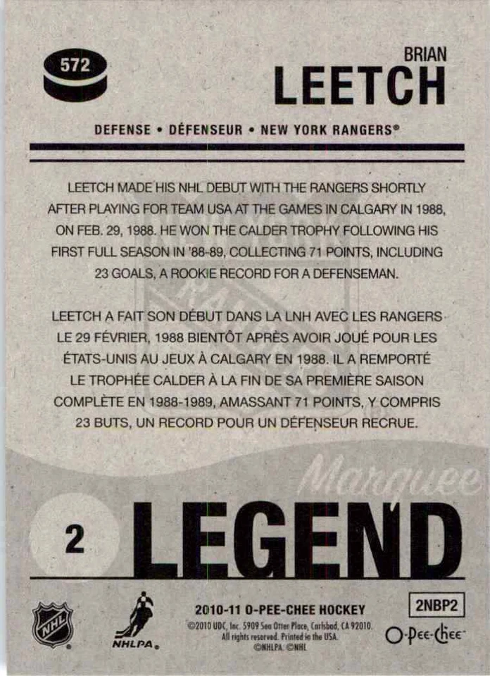2010-11 O-Pee-Chee Marquee Legend Brian Leetch #572 - Image 2 of 2