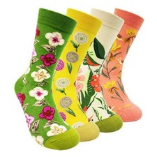 Womens Colorful Dress Crew Socks Fancy Flower Art Pattern Flower - 4 Pairs