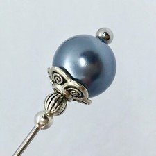 Grey Pearl Hat Pin Vintage Antique Tibetan Silver Style 3" & Pin Protector