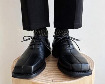 靴 vintage square toe leather shoes Mens Fashion British Square Toe Lace Up Black Leather Shoes
