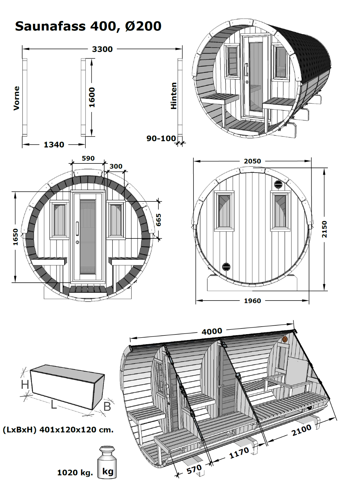Saunafass 400 cm Fasssauna Holz Saunakabine Sauna Fass Massivholz