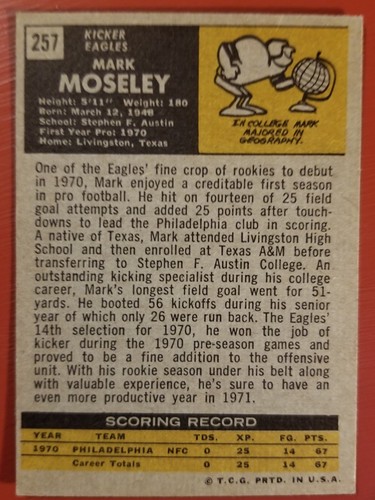 1971 Topps Football - Mark Moseley #257 EX+ Philadelphia Eagles Stephen F Austin - Bild 2 von 2