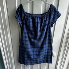 Madewell Blue Plaid Off Shoulder Dress 