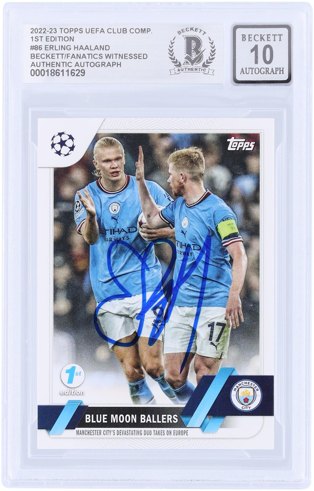 Erling Haaland Manchester City Signed 2022-23 Topps UEFA Blue #86 BAS 10 Card
