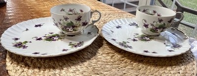 2 Teacup Snack Sets Norcrest   Sweet Violet   22k  Gold Trim Japan  Vintage T