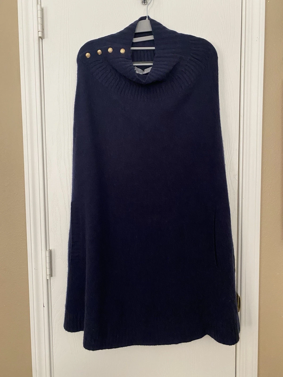 360 CASHMERE Navy Blue Angelique Pullover Wool-Cashmere Blend Poncho Cape Medium