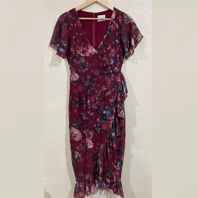 VONE Mireya Floral Ruffle Faux Wrap Midi Dress