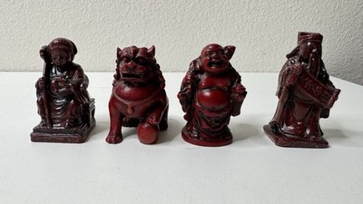 Vintage Asian Style Figurines Set of 4 Red Resin Buddha Foo Dog Figures