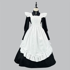 Women's Long Sleeve Maid Dress White Ruffle Apron Victorian Lolita Cafe Dress