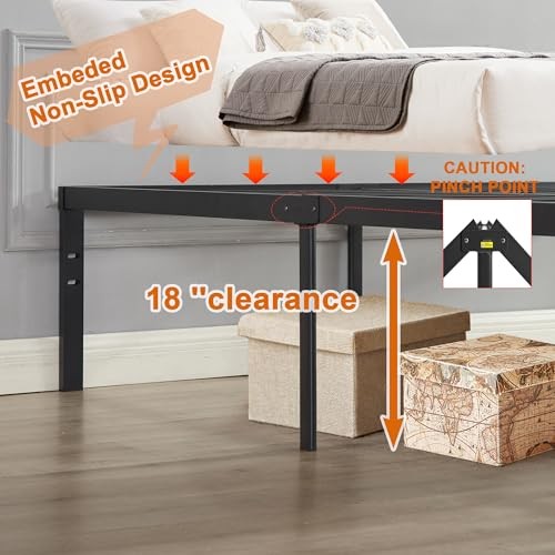  18" Size Metal Platform Tall Bed Frame,Heavy Duty Full Mattle Black 18 Inch