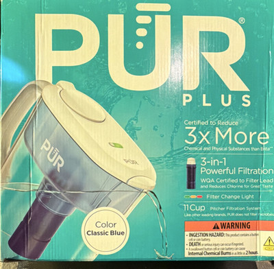 PUR Plus 11 Cup Pitcher Filtration System Classic Blue 3-Stage Granulated Carbon
