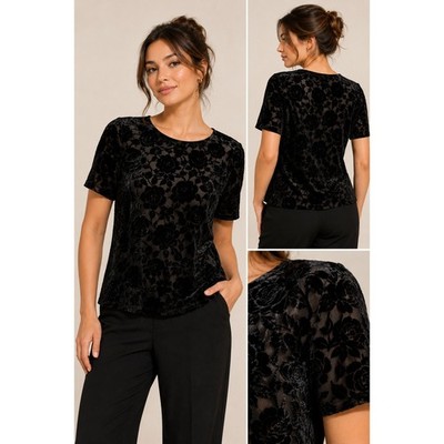 Liz Claiborne Collection Blouse 6 Black Silk Blend Burnout Velvet Rose Goth 90s