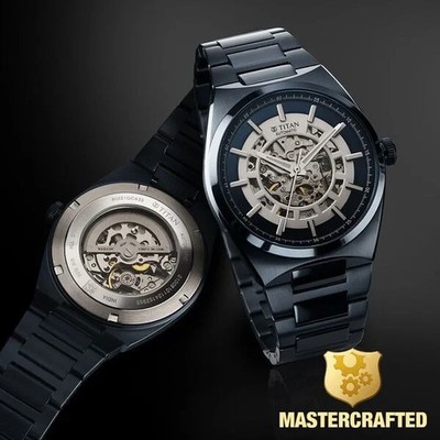 Titan Nexus Skeletal Automatic Watch Blue Dial SS Strap 21J Men