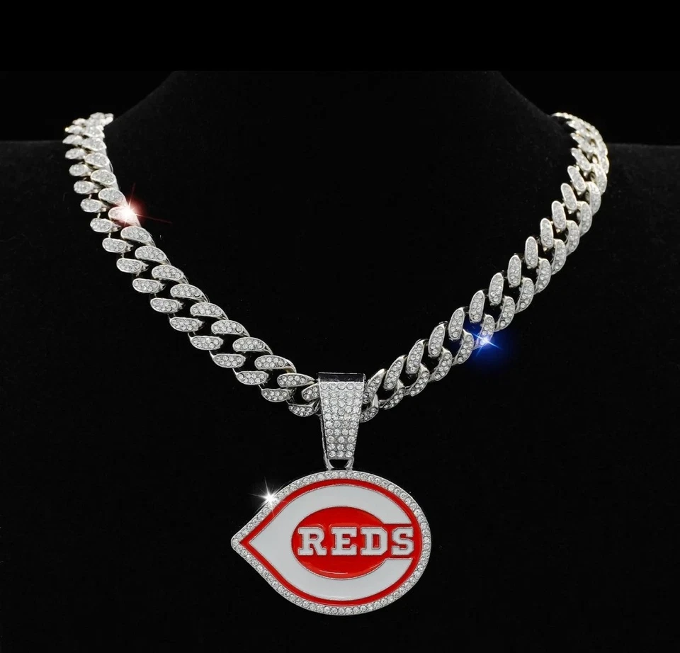 CINCINNATI REDS GEM NECKLACE Silver Bling MLB Hip Hop Pendant & 24" Chain - Image 2 of 3