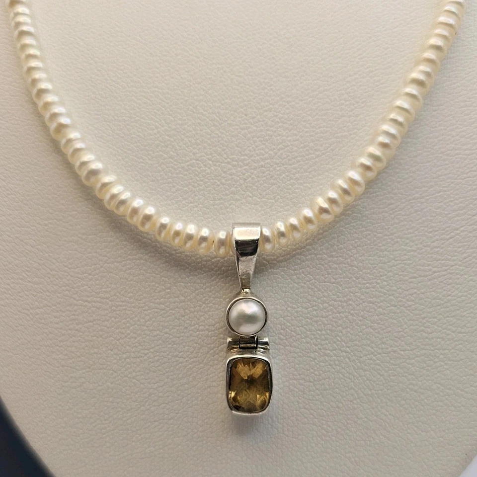 Acleoni Sterling Silver 925 Pearl Necklace 14g w/ Citrine & Pearl Pendant 2.24g - Image 3 of 4