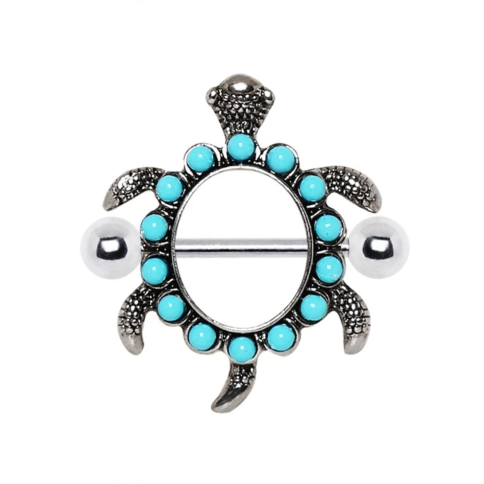 PAR de protectores de pezón tortuga azul verdoso de acero inoxidable 316L Foto 2 de 3