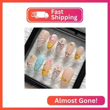 MAGLFELL Handmade Press on Nails, Mid-Length Almond Flase Nails, Yellow Blue Fak
