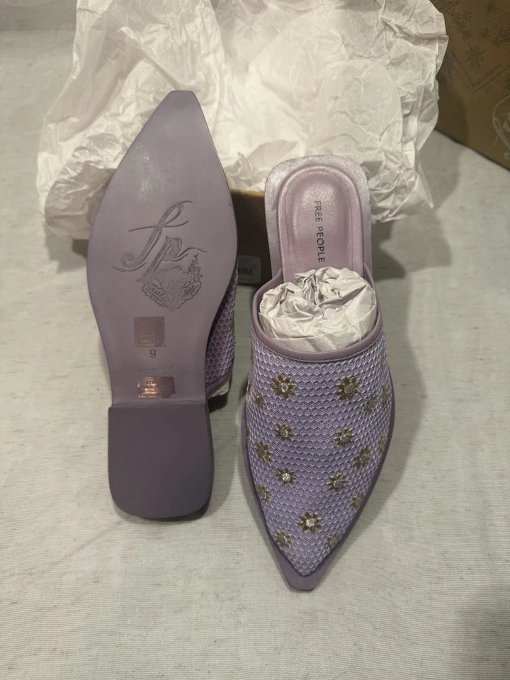 Free People Flat Mules Feminino Tamanho 9 Becky Daisy Mules Flores Bordadas Roxas - Imagem 2 de 4
