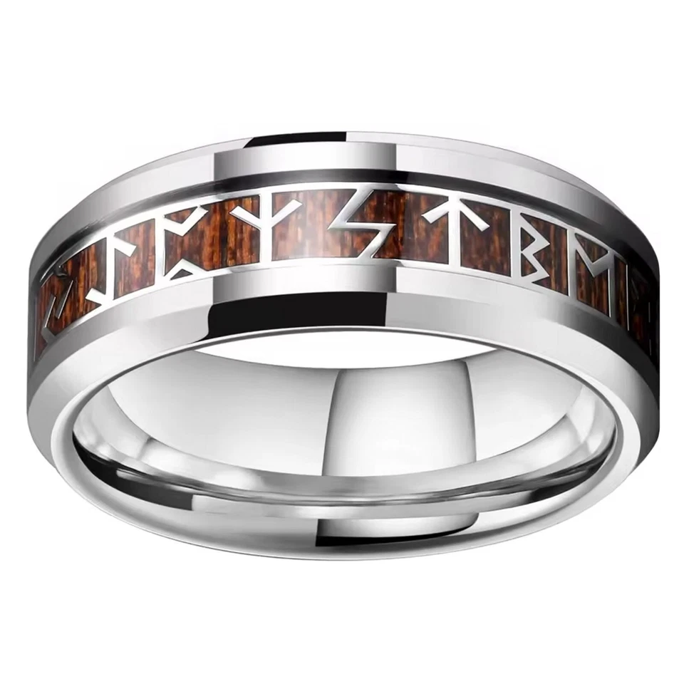 Anillo de madera runa vikinga plata 316L acero inoxidable druida celta banda nórdica unisex Foto 2 de 4