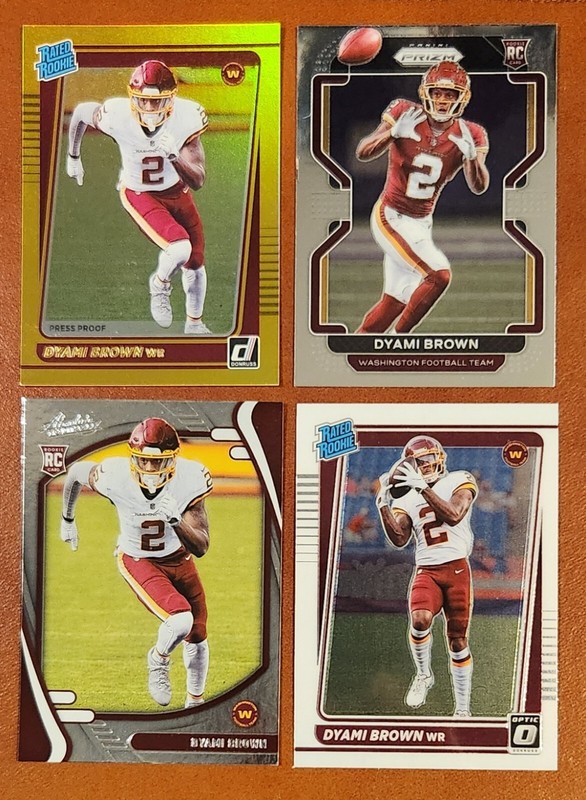 4) DYAMI BROWN Commanders RC Lot,  Prizm, Optic RATED ROOKIE, PRESS GOLD JAGUARS