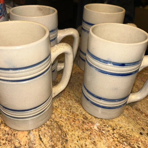 RARE ANTIQUE SET OF 4 Red Wing Pottery Blue Band Stoneware Coffee Mugs PERFECT